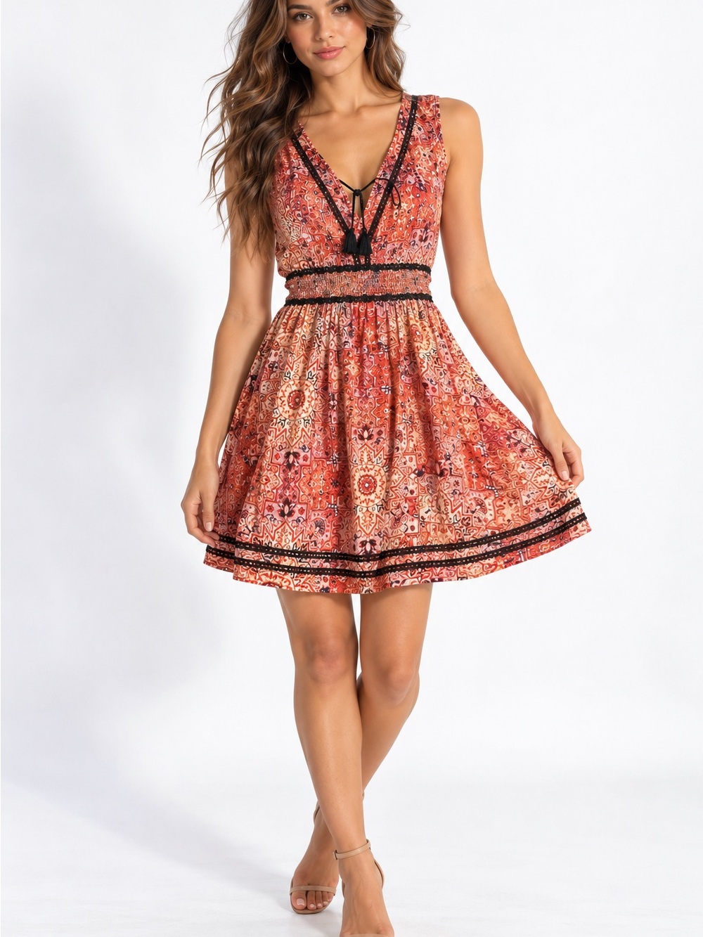 Guess Coral-Orange Printed V-Neck Mini Dress with Black Trim